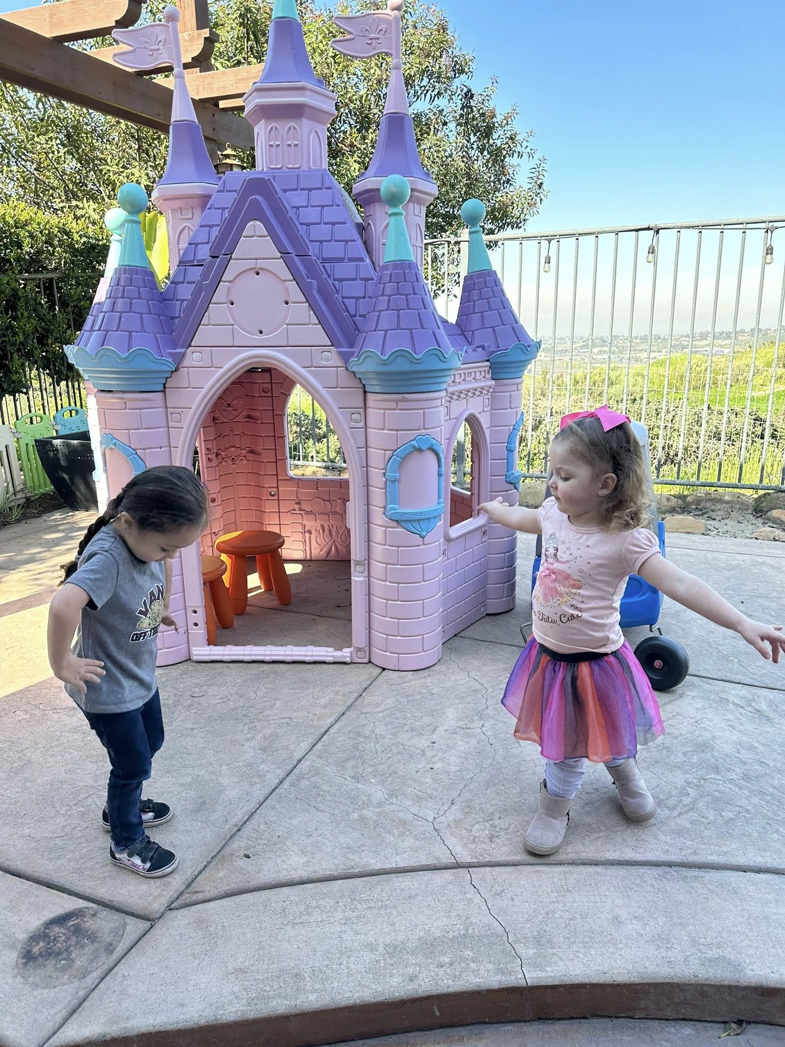 Two children playing near the princess castle playhouse
